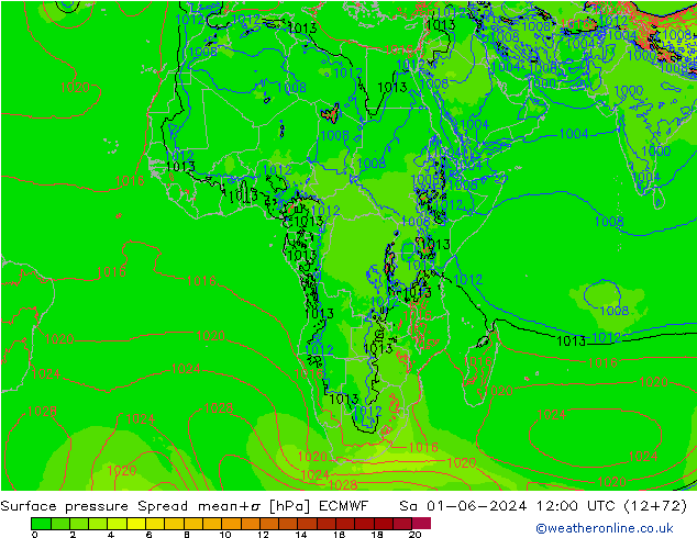 Surface pressure Spread ECMWF Sa 01.06.2024 12 UTC