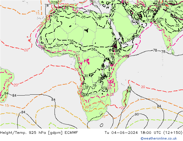 Géop./Temp. 925 hPa ECMWF mar 04.06.2024 18 UTC