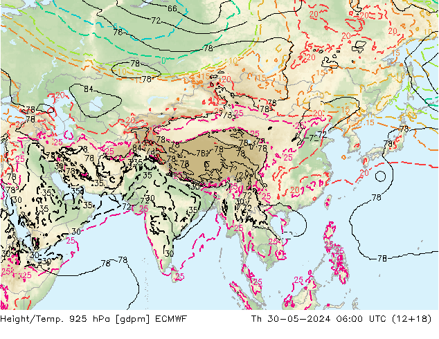 Height/Temp. 925 hPa ECMWF Čt 30.05.2024 06 UTC