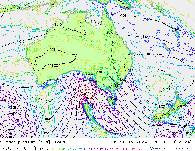 Isotachs (kph) ECMWF Čt 30.05.2024 12 UTC