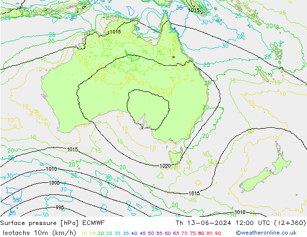Isotachen (km/h) ECMWF Do 13.06.2024 12 UTC