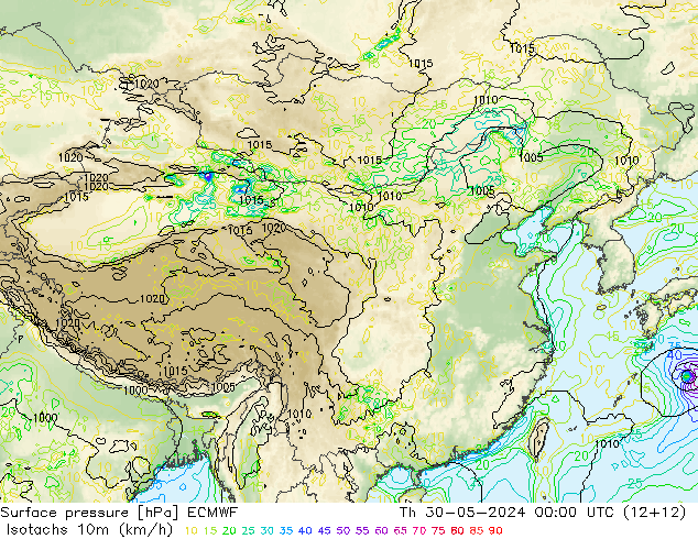 10米等风速线 (kph) ECMWF 星期四 30.05.2024 00 UTC