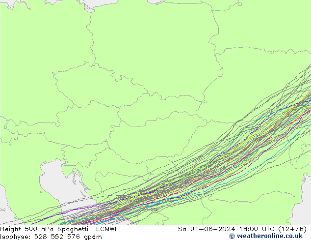 Height 500 hPa Spaghetti ECMWF Sa 01.06.2024 18 UTC