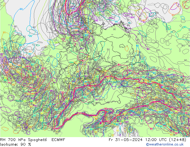 RH 700 hPa Spaghetti ECMWF  31.05.2024 12 UTC