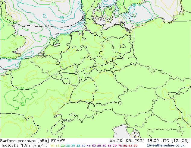 Izotacha (km/godz) ECMWF śro. 29.05.2024 18 UTC