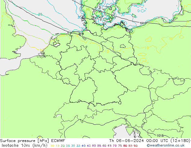 Izotacha (km/godz) ECMWF czw. 06.06.2024 00 UTC
