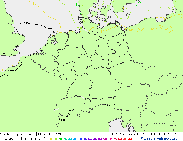 10米等风速线 (kph) ECMWF 星期日 09.06.2024 12 UTC
