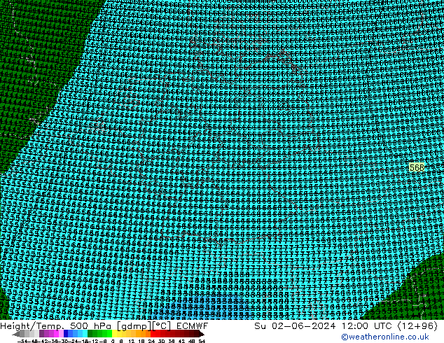 Height/Temp. 500 hPa ECMWF Su 02.06.2024 12 UTC