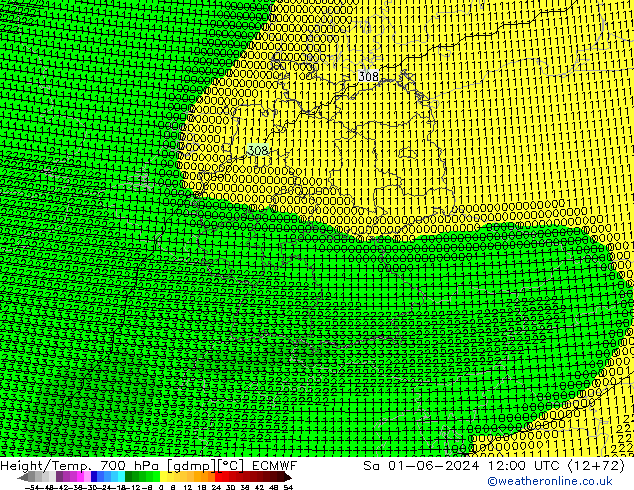 Height/Temp. 700 hPa ECMWF Sa 01.06.2024 12 UTC