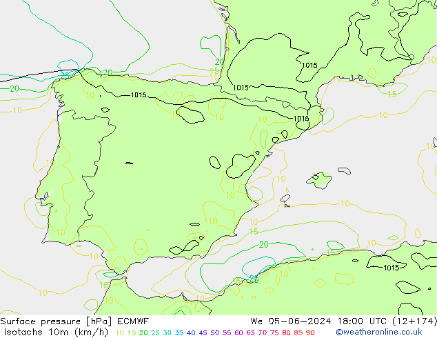 Isotachen (km/h) ECMWF wo 05.06.2024 18 UTC