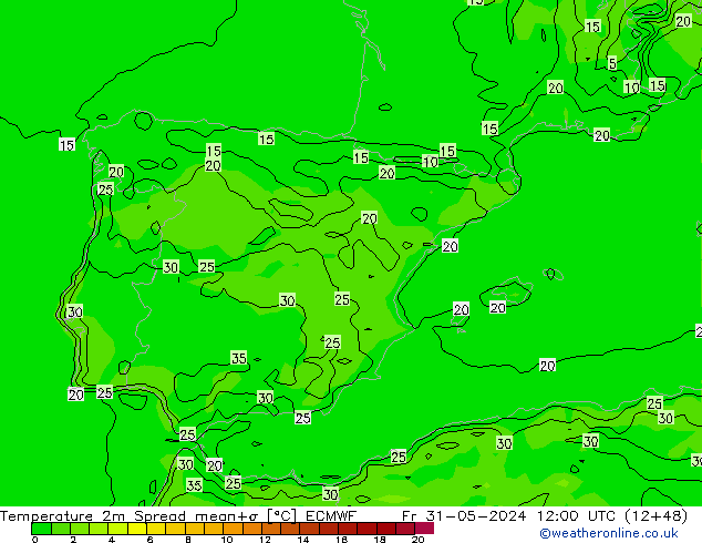 Temperature 2m Spread ECMWF Fr 31.05.2024 12 UTC