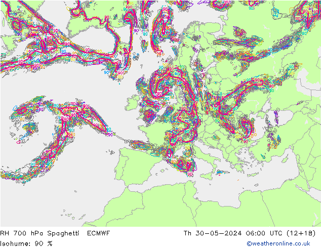 RH 700 hPa Spaghetti ECMWF czw. 30.05.2024 06 UTC