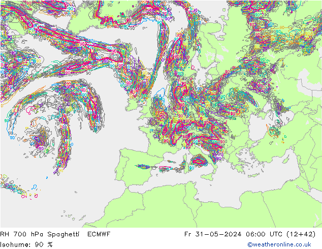 RH 700 hPa Spaghetti ECMWF Pá 31.05.2024 06 UTC