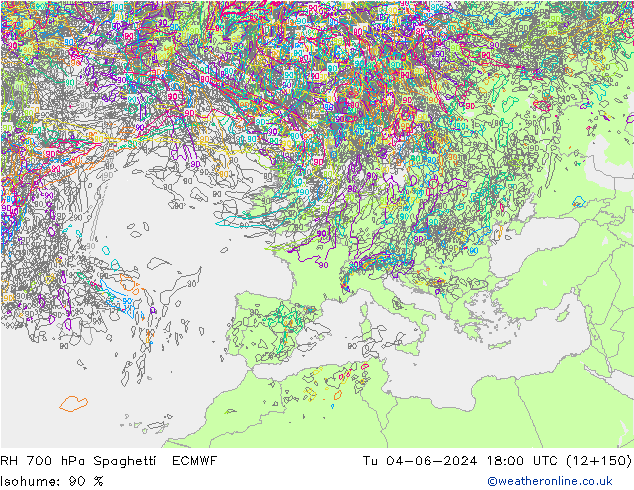 RH 700 hPa Spaghetti ECMWF  04.06.2024 18 UTC