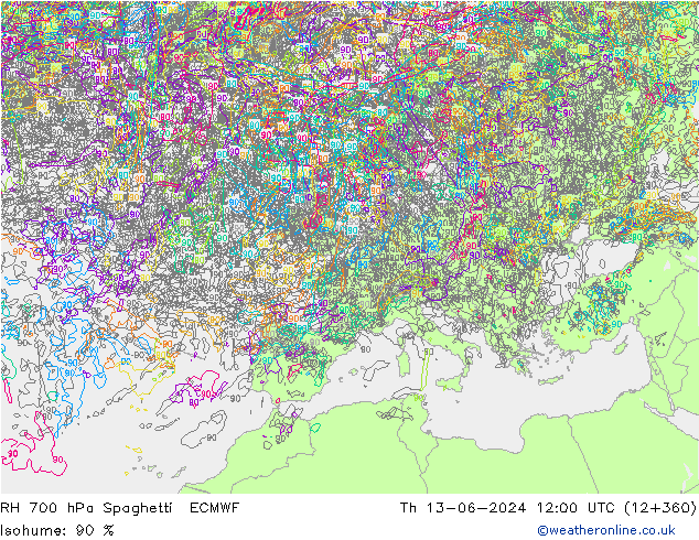 Humidité rel. 700 hPa Spaghetti ECMWF jeu 13.06.2024 12 UTC