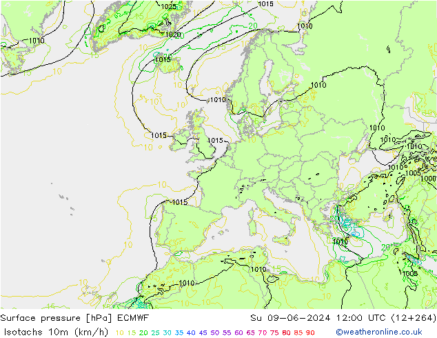 Isotachs (kph) ECMWF  09.06.2024 12 UTC