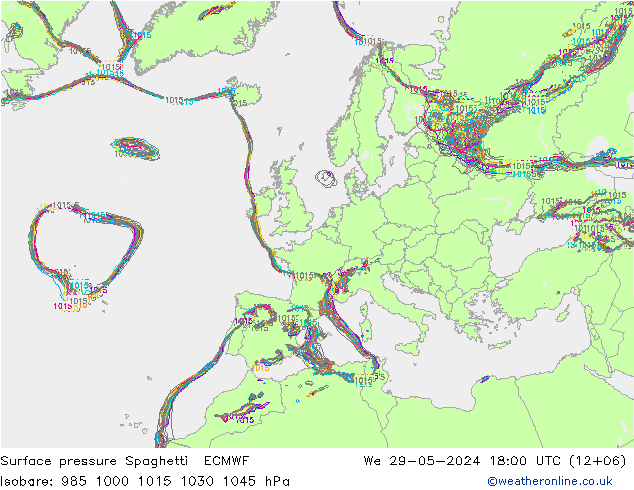 Surface pressure Spaghetti ECMWF We 29.05.2024 18 UTC