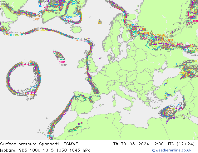 Surface pressure Spaghetti ECMWF Th 30.05.2024 12 UTC
