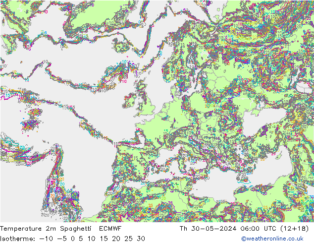 Temperatura 2m Spaghetti ECMWF gio 30.05.2024 06 UTC