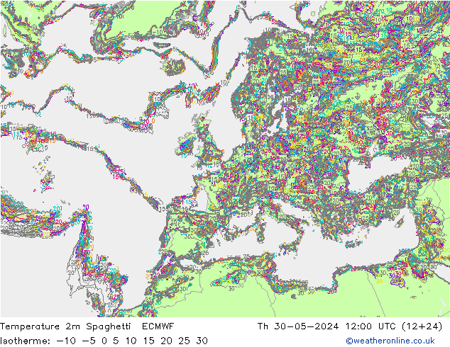 карта температуры Spaghetti ECMWF чт 30.05.2024 12 UTC