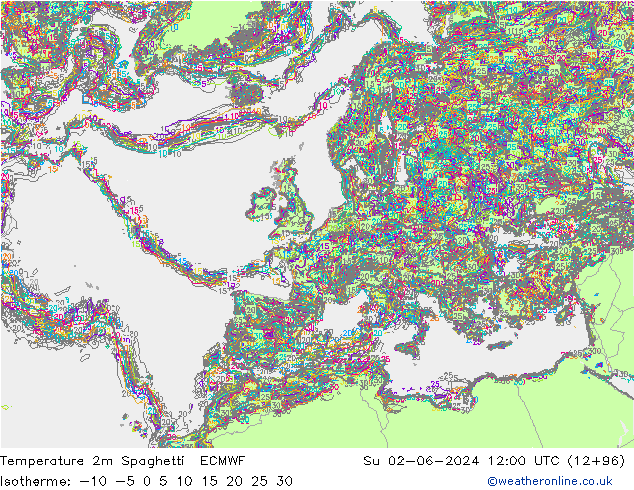 Temperatuurkaart Spaghetti ECMWF zo 02.06.2024 12 UTC