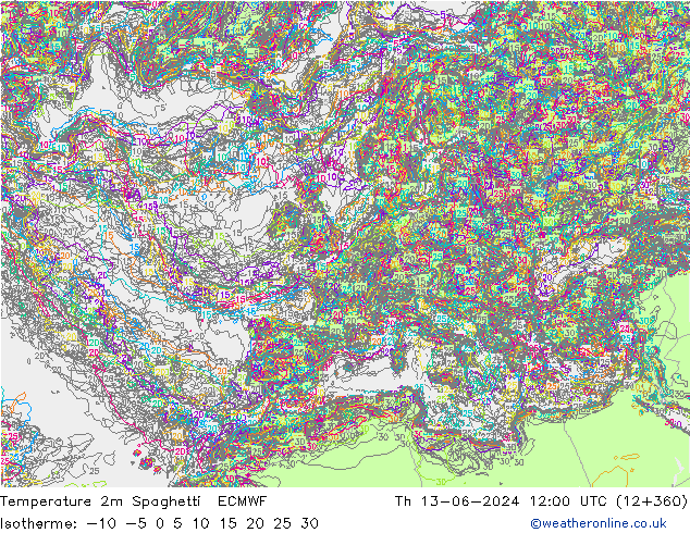 Temperatura 2m Spaghetti ECMWF Qui 13.06.2024 12 UTC