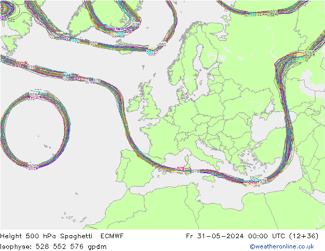 Height 500 hPa Spaghetti ECMWF Fr 31.05.2024 00 UTC