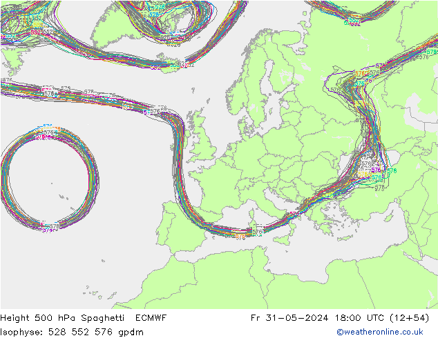 Height 500 гПа Spaghetti ECMWF пт 31.05.2024 18 UTC