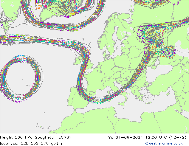 Height 500 hPa Spaghetti ECMWF So 01.06.2024 12 UTC