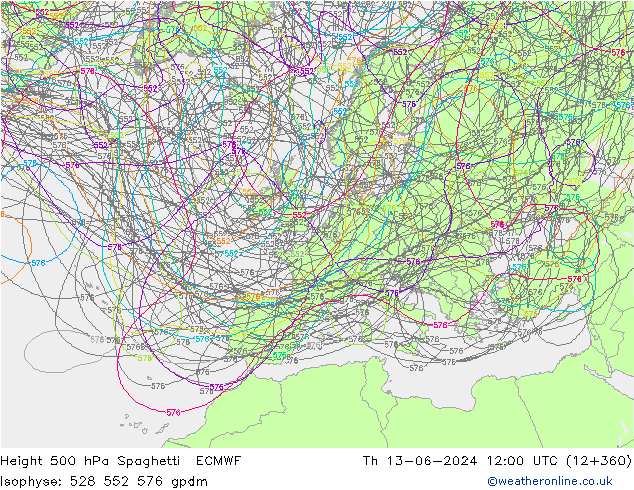 Height 500 hPa Spaghetti ECMWF Do 13.06.2024 12 UTC