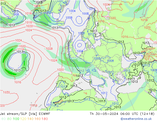 Corriente en chorro ECMWF jue 30.05.2024 06 UTC