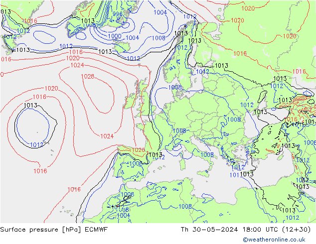 Presión superficial ECMWF jue 30.05.2024 18 UTC