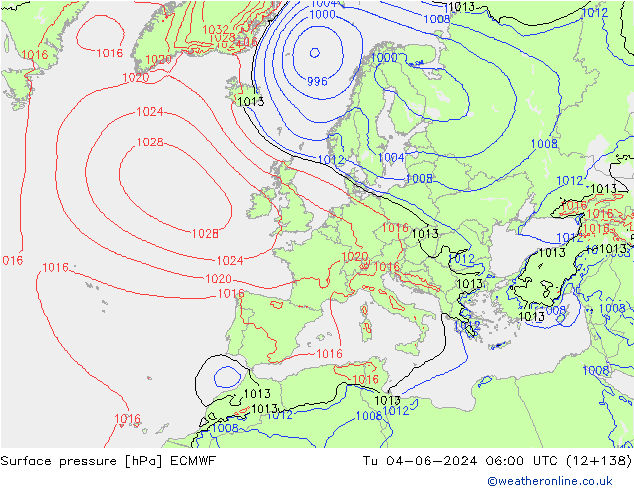 Atmosférický tlak ECMWF Út 04.06.2024 06 UTC