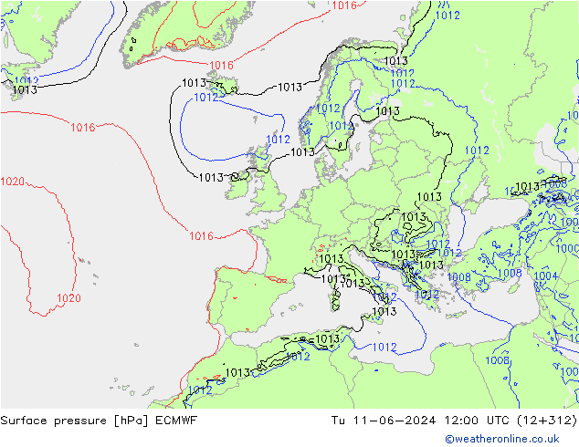 Surface pressure ECMWF Tu 11.06.2024 12 UTC