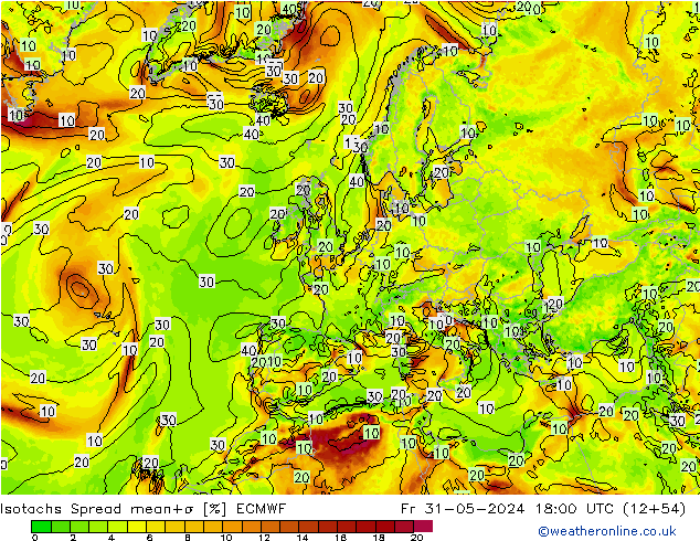 Isotachs Spread ECMWF пт 31.05.2024 18 UTC