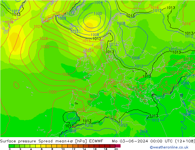 Surface pressure Spread ECMWF Mo 03.06.2024 00 UTC
