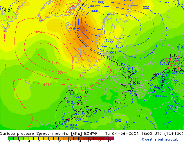 Surface pressure Spread ECMWF Tu 04.06.2024 18 UTC