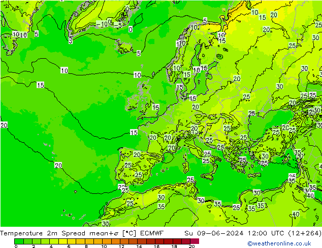 température 2m Spread ECMWF dim 09.06.2024 12 UTC