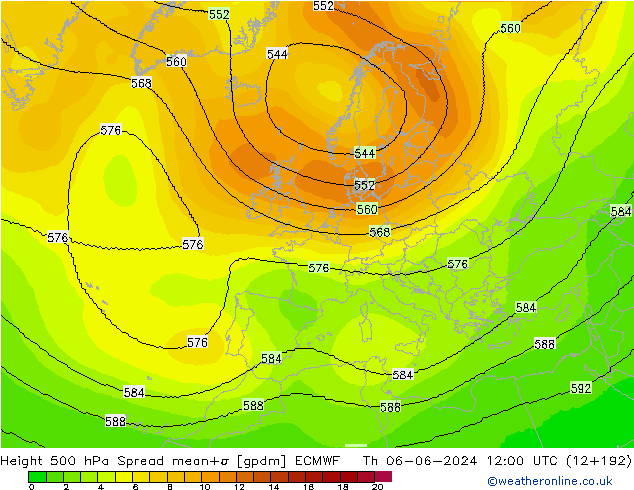 Height 500 hPa Spread ECMWF czw. 06.06.2024 12 UTC