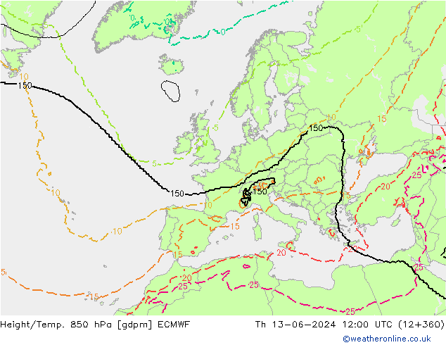 Geop./Temp. 850 hPa ECMWF jue 13.06.2024 12 UTC