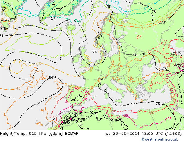 Height/Temp. 925 hPa ECMWF We 29.05.2024 18 UTC