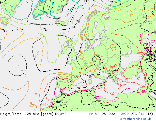 Height/Temp. 925 hPa ECMWF Fr 31.05.2024 12 UTC