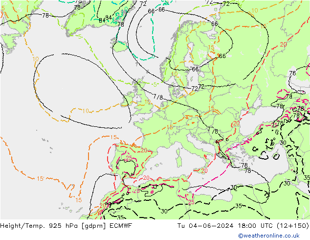 Height/Temp. 925 hPa ECMWF Tu 04.06.2024 18 UTC