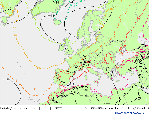 Height/Temp. 925 hPa ECMWF So 08.06.2024 12 UTC