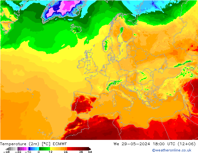 Temperature (2m) ECMWF We 29.05.2024 18 UTC