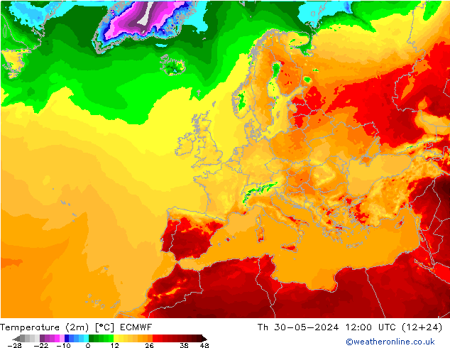 Temperatuurkaart (2m) ECMWF do 30.05.2024 12 UTC