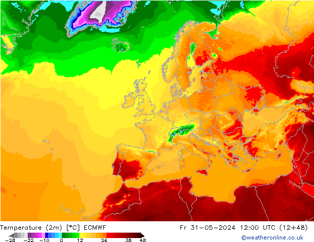 Temperature (2m) ECMWF Pá 31.05.2024 12 UTC