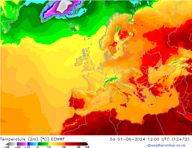 Temperature (2m) ECMWF Sa 01.06.2024 12 UTC