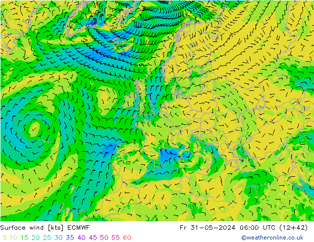 Surface wind ECMWF Pá 31.05.2024 06 UTC