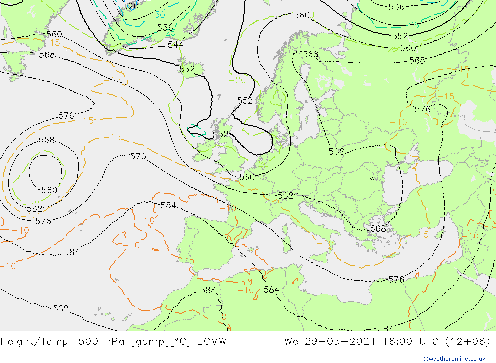 Height/Temp. 500 hPa ECMWF mer 29.05.2024 18 UTC